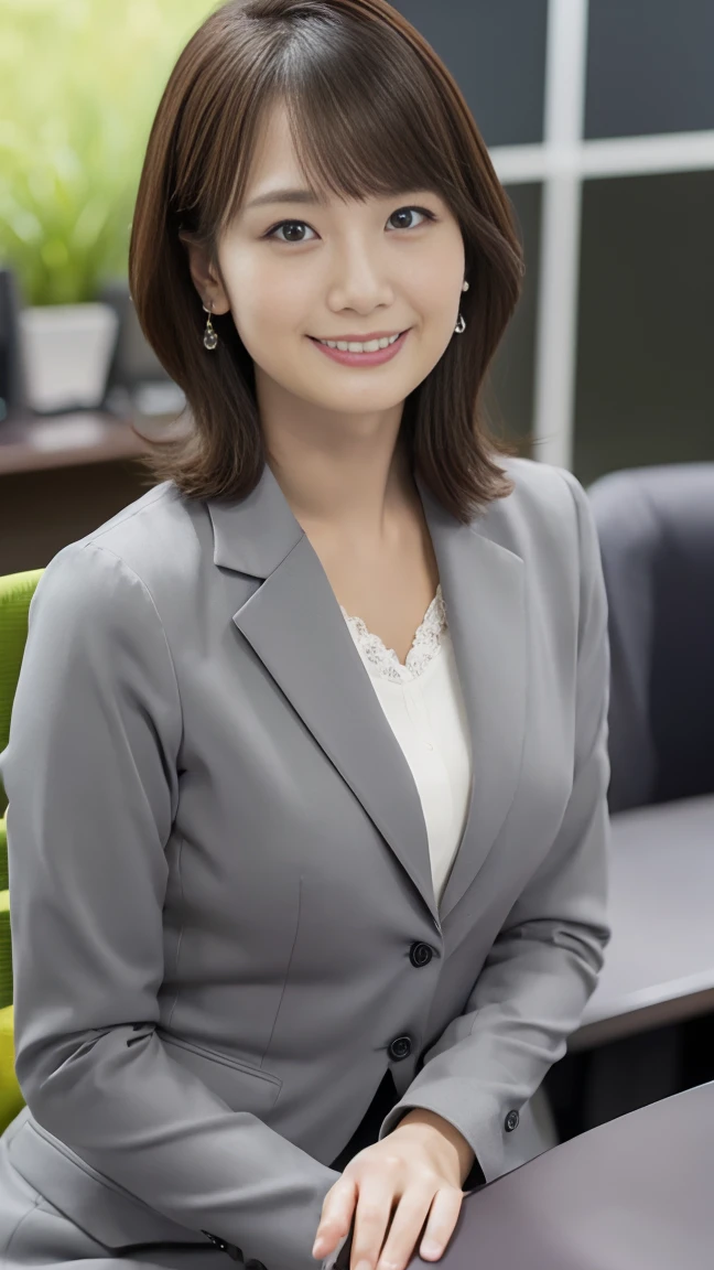 masutepiece, Best Quality, Photorealsitic, finely detail, hight resolution,beautiful japanese woman,beautiful detailed eyes, beautiful detailed lips, extremely detailed face, small head, small areola, cinematic lighting, photorealistic, 8k, high quality, hyper detailed, look at me,smile,(office lady gray suits:1.4),(office,night time),(medium breasts:1.2),(inoueseika),slender,beautifull legs,(sexy posing:1.2), (bokeh:1.3), (upper body),(mini skirt),(stting chair)