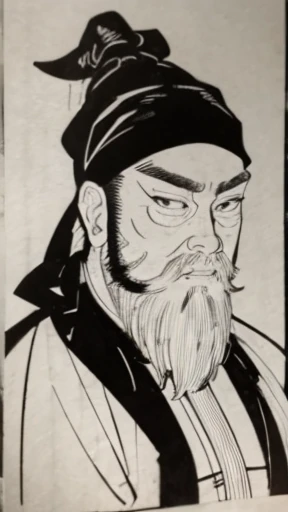 (((Monochrome)))、(((Tie your hair、A bearded young man wearing a black swimming cap)))、（（Men in ancient China））、（Ink Painting）、Highest quality、masterpiece、Ultra-high resolution、(Realistic:1.4)、Game Poster、The Three Bearded Men of the Kingdom,Oriental、As seen in the Romance of the Three Kingdoms々military commander、Crisp and beautiful image quality ,(Skin of color)、 gloves, Long trousers, (Very detailed, bloom:1.5), (Highest quality, Concept Art, 4K), (analog:1.2), (high sharpness), (Detailed pupil:1.1),, Detailed face and eyes, masterpiece, Highest quality, (Very detailed:1.1), 8k, photoRealistic, (PurerosFace_v1:0.2), [:(Detailed face:1.2):0.2], sharp, Realistic, Realistic Shadow, 