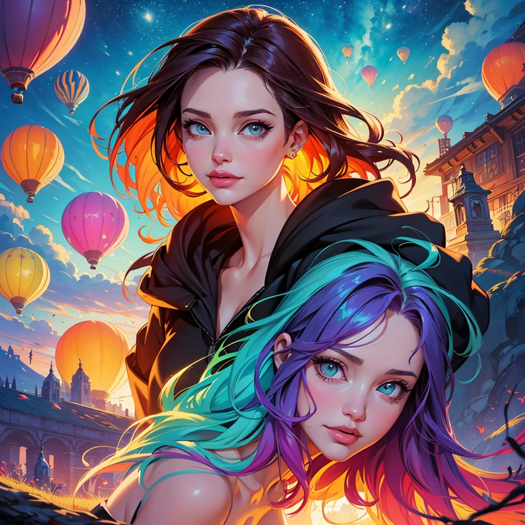 a painting of gigantic woman's head with face of Winona Ryder morphed with Angelina Jolie with colorful hair in a shape of tree and lianas, a neck growing out of the ground, dalightful smile, a city skyline, hot air balloons, flying bulbs and plant trees in the air, beeple and jeremiah ketner, dan mumford tom bagshaw, colorfull digital fantasy art, inspired by Cyril Rolando, inspiring digital art, colorful digital painting, paint splashes, paint driping, gorgeous digital art, beautiful art uhd 4 k, stunning digital illustration, vibrant digital painting, stylized digital art