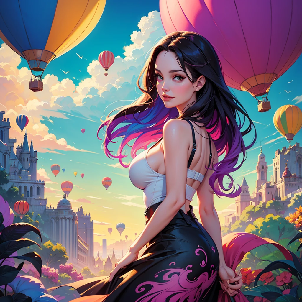 a painting of gigantic woman's head with face of Winona Ryder morphed with Angelina Jolie with colorful hair in a shape of tree and lianas, a neck growing out of the ground, dalightful smile, a city skyline, hot air balloons, flying bulbs and plant trees in the air, beeple and jeremiah ketner, dan mumford tom bagshaw, colorfull digital fantasy art, inspired by Cyril Rolando, inspiring digital art, colorful digital painting, paint splashes, paint driping, gorgeous digital art, beautiful art uhd 4 k, stunning digital illustration, vibrant digital painting, stylized digital art