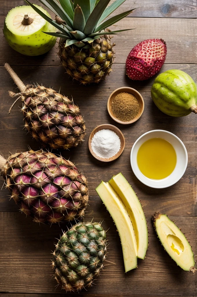 make me a realistic background with these ingredients Cane flower rum . Piña, aguaymanto, prickly pear and Lucuma. I want them to be seen on a table from a top view photo. I want the fruits as they are and whole