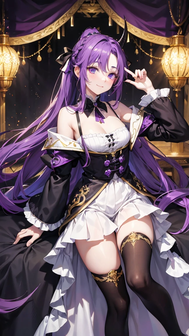 cheerful boy aristocrat open forehead. dark purple hair braided in a ponytail on the left side to one side. sinuous black horns wrapped in dark purple ribbon. pale violet eyes. in short dark purple shorts. long white T-shirt. dark purple knee-high socks. a white long robe with a hood flutters in the wind. black ancient stone walls of the castle purple light from lamps with gold ornaments, heterochromia, long curly hair, pale skin, I look at the viewer, closed mouth, bright smile, Beautiful, extremely detailed eye, Absolutely amazing art, extremely detailed, Digital art of the highest quality, full length, old piano, ancient walls of a stone castle 