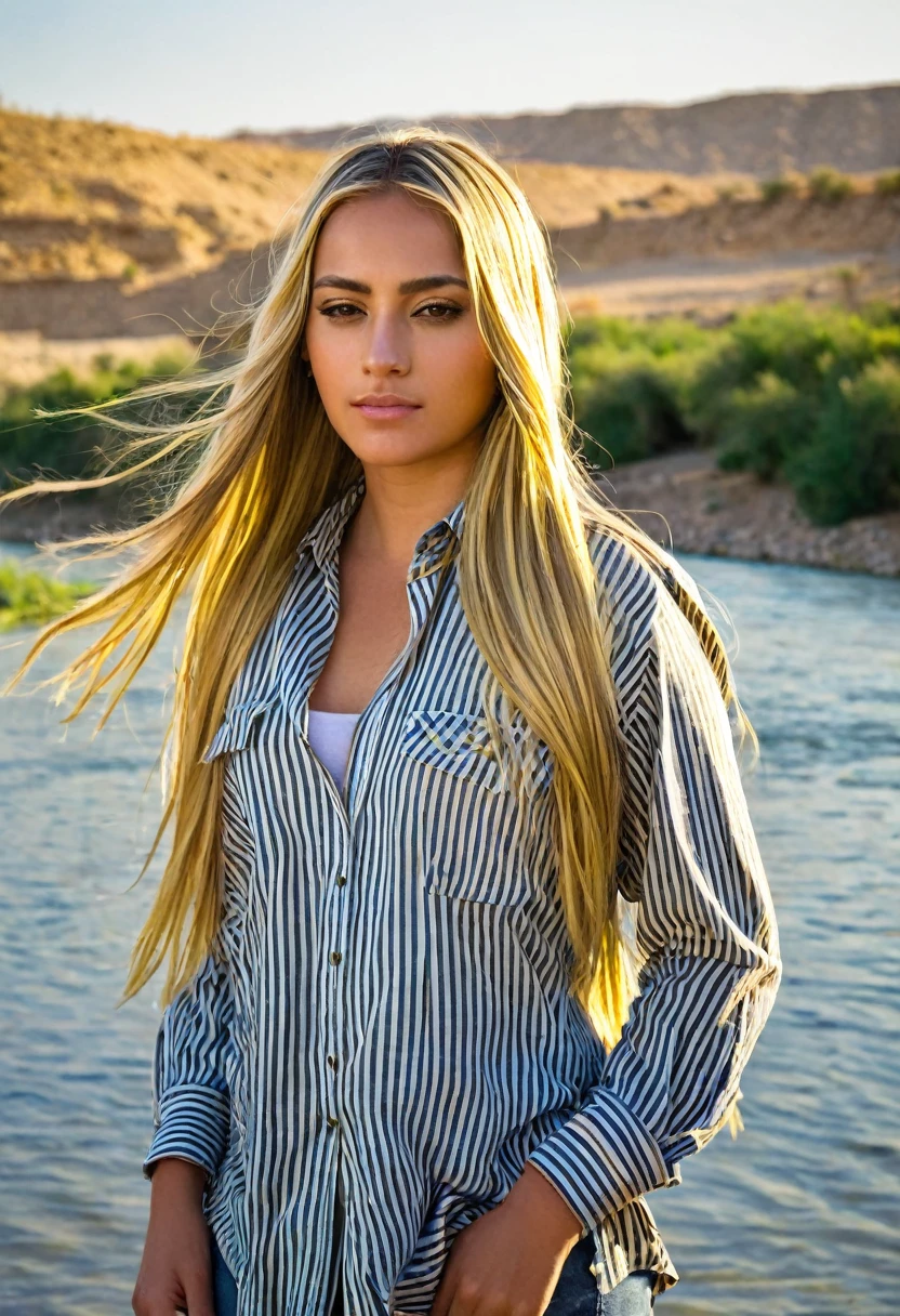 "A robust, well-built girl with long blonde hair, from Puerto Rico, It is located near the Euphrates River. He wears a gold flannel with stripes that shines in the sunlight, highlighting its presence in the landscape. Her hair flows freely in the wind, and his expression reflects both strength and serenity. The surroundings of the Euphrates River, with its calm waters and lush vegetation, creates a beautiful contrast with your gold flannel. The girl stands on the river bank, with the ancient and majestic landscape of the Euphrates stretching around it, evoking a feeling of history and nature in perfect harmony."