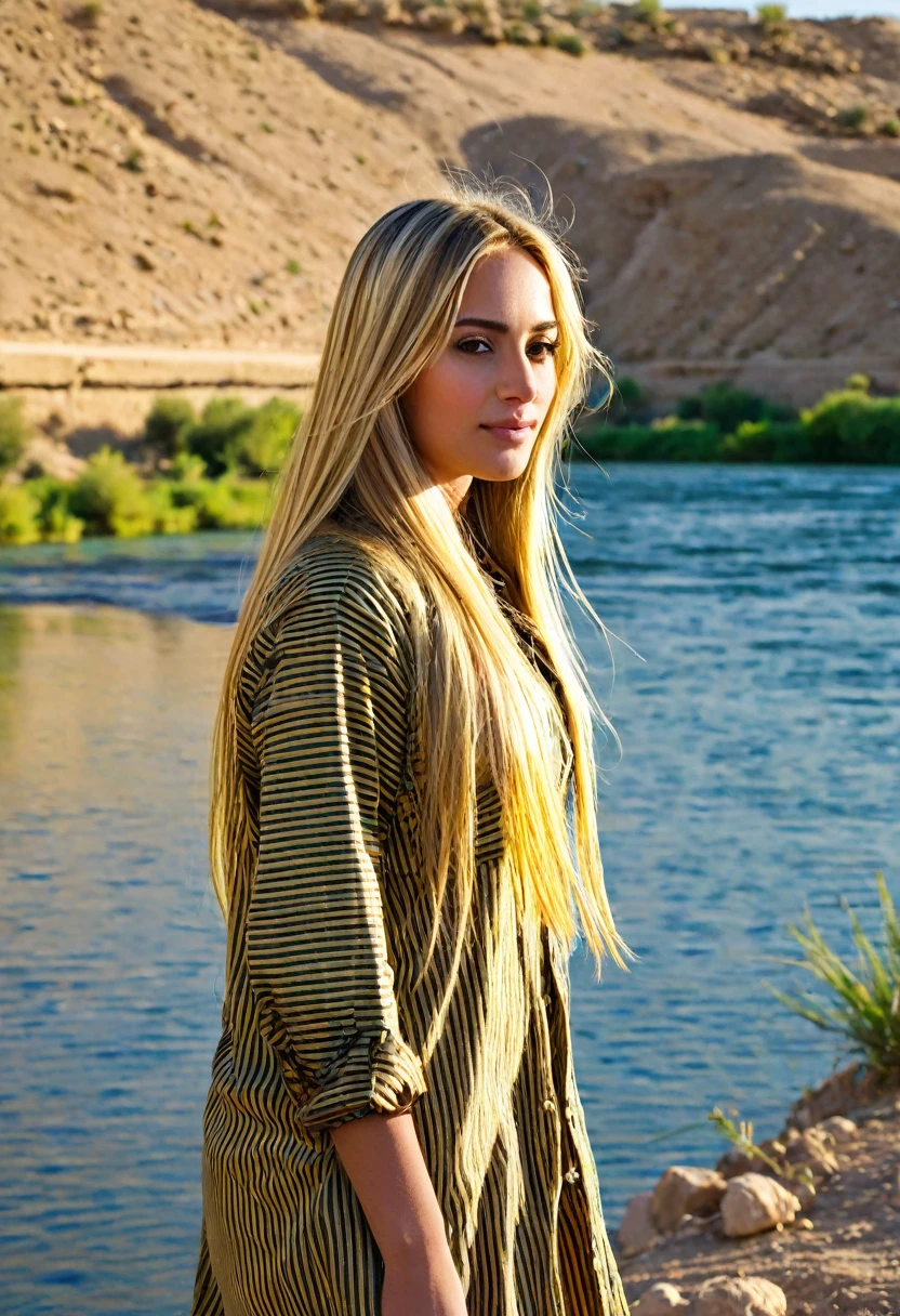 a beautiful blonde woman, beautiful golden blonde hair, detailed eyes, beautiful detailed lips, extremely detailed face, long eyelashes, in the country of Egypt, wearing a hijab, (best quality,4k,8k,highres,masterpiece:1.2),ultra-detailed,(realistic,photorealistic,photo-realistic:1.37),HDR,UHD,ultra-fine painting,sharp focus,physically-based rendering,extreme detail description,professional,vivid colors,bokeh,portrait, vue sur les pyramides en arrière plan, photo prise par un photographe, le cheveux porter par le vent, les mains derrière le dos