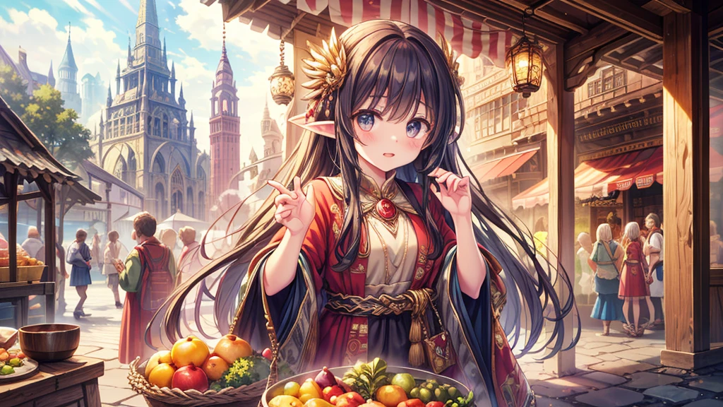 masterpiece, best quality, high resolution, extremely detailed CG, absurdres, highres, fantasy art, Morning mist clings to cobblestone streets as vendors in vibrant attire hawk exotic wares amidst ancient architecture. Towering spires and ornate facades mingle with humble market stalls, while a diverse array of faces - humans, elves, dwarves, and more - hurry about with baskets, bundles, and curious gazes. The air is alive with the cacophony of merchants' calls, hammering on metal through the chaotic scene