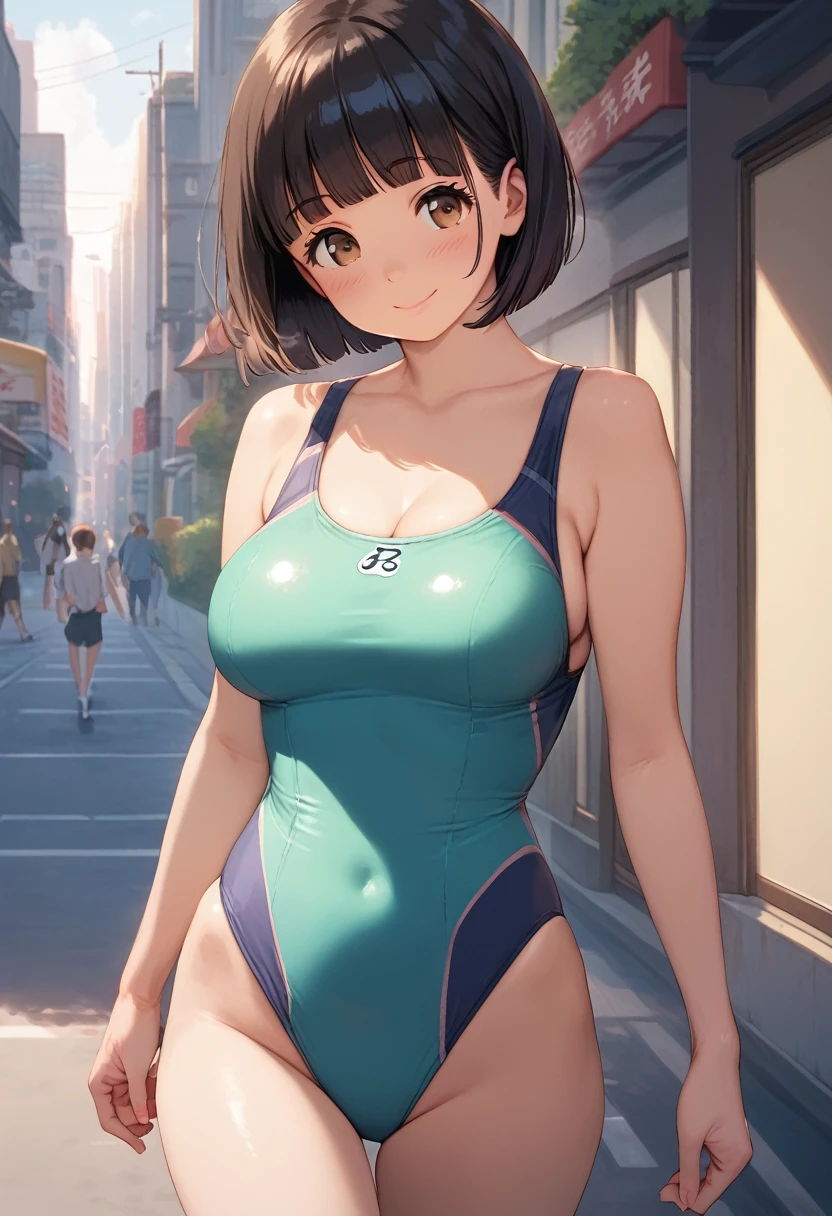 score_9,score_8_up,score_7_up,masterpiece,best quality, source anime, realistic, super detailed, extreme detailed, rating_safe,
1girl, walking, street, Tokyo, city, 
BREAK girl, 22yo, short hair, bob cut, (blunt bangs), black hair, (tareme, detailed cute brown eyes), curled eyelashes, (large breasts:0.9), 
shiny hair, beautiful detailed eyes, beautiful face,
blush, smile, (steam),
one-piece swimsuit,