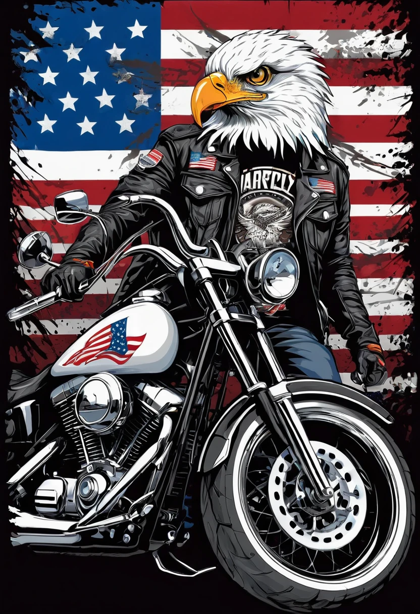 t-shirt designs, Create a menacing white t-shirt with a full-length moto harley, background with american flag and an eagle emblem, highly detailed vector art, hd vector art, White background. The overall style is bold and intense, embodying the dark and edgy spirit of heavy metal music.