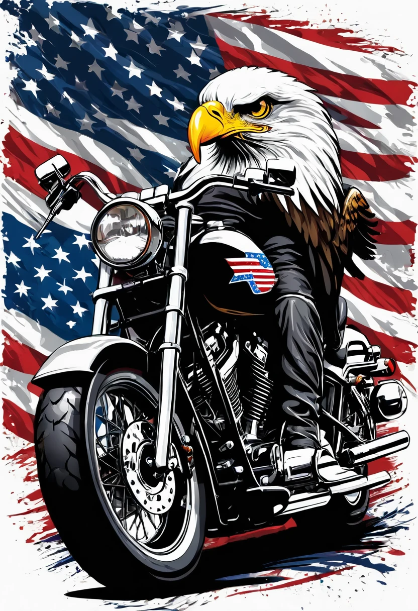 t-shirt designs, Create a menacing white t-shirt with a full-length moto harley, background with american flag and an eagle emblem, highly detailed vector art, hd vector art, White background. The overall style is bold and intense, embodying the dark and edgy spirit of heavy metal music.