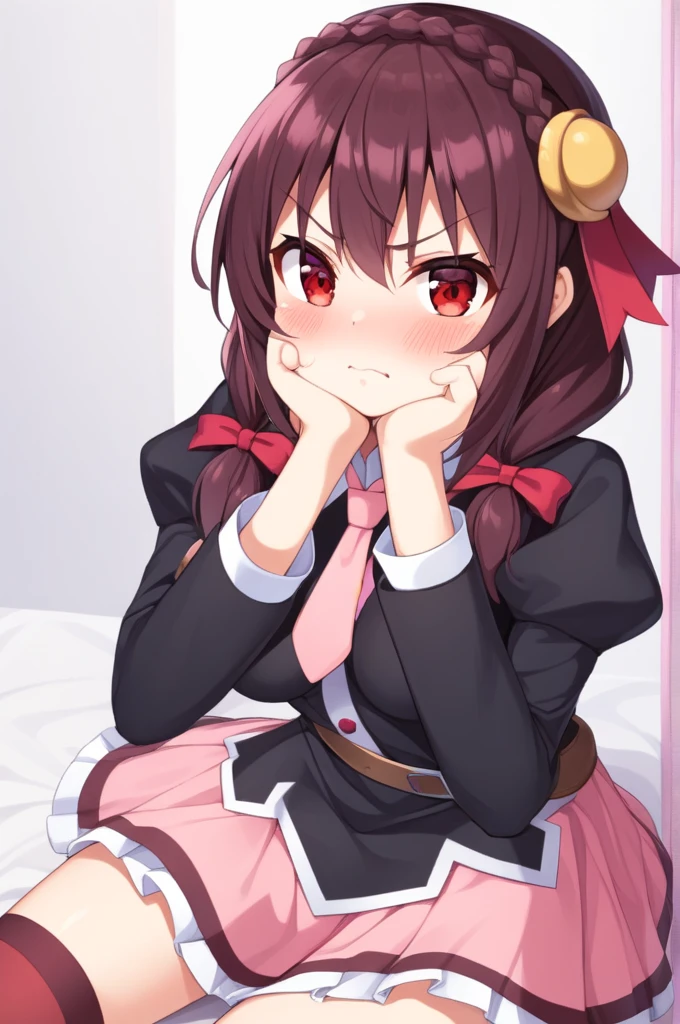 alone, One girl, Yunyun, Cute angry expression with puffed cheeks、(Puffing out my cheeks:1.4)、Blushing Looking at the viewer, Crown braids of the same color as your hair, Red Eyes、hair ornaments, Hair Ribbon, Pink tie, Long sleeve, Pink Skirt, Knee socks, Cleavage