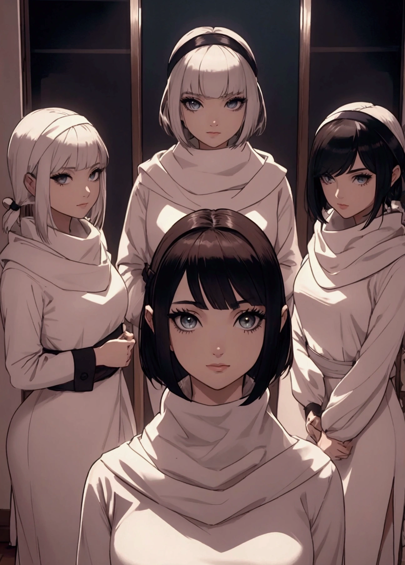 masterpiece), best quality, high resolution 3girl bob cut medium hair standing alone cowl headband profile image looking at viewer beautiful eyes beautiful face extremely detailed