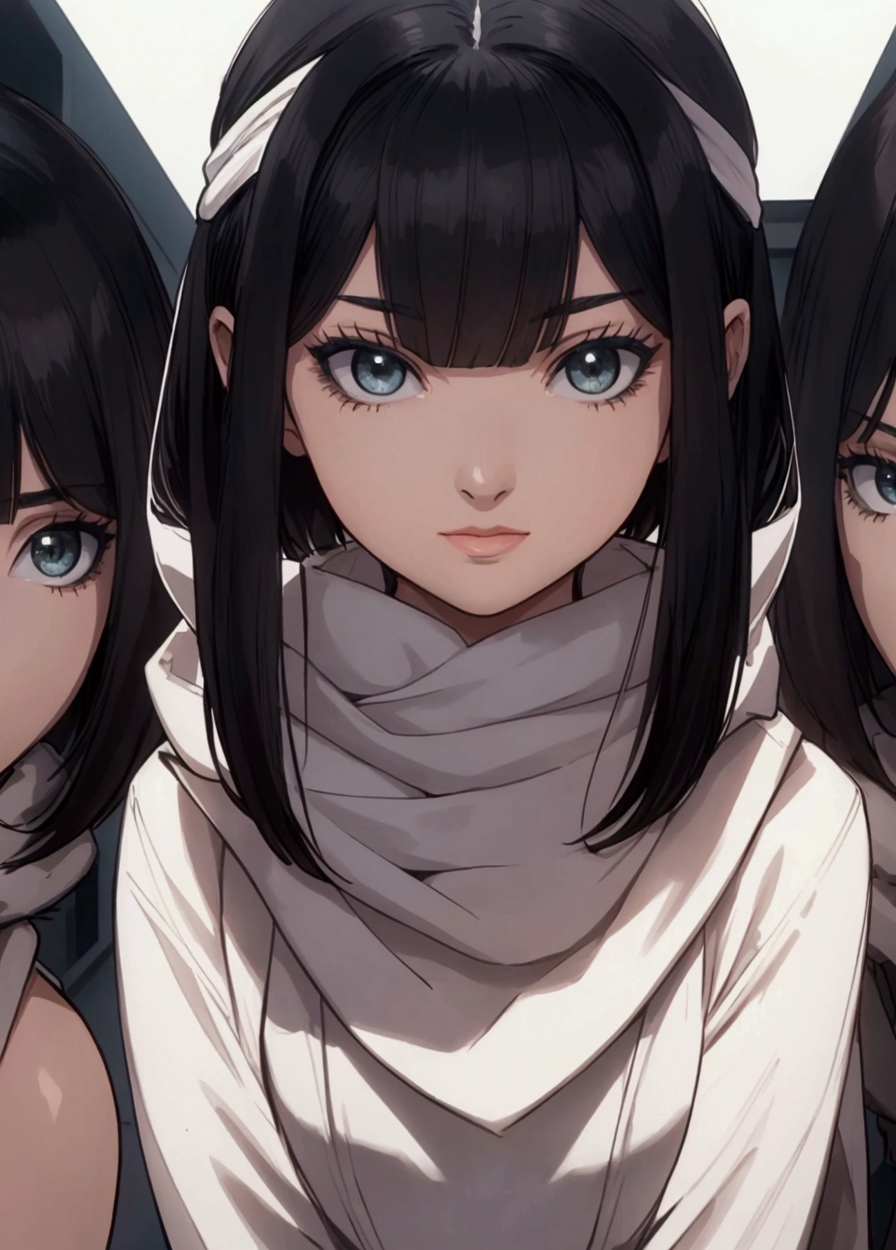 masterpiece), best quality, high resolution 3girl bob cut medium hair standing alone cowl headband profile image looking at viewer beautiful eyes beautiful face extremely detailed