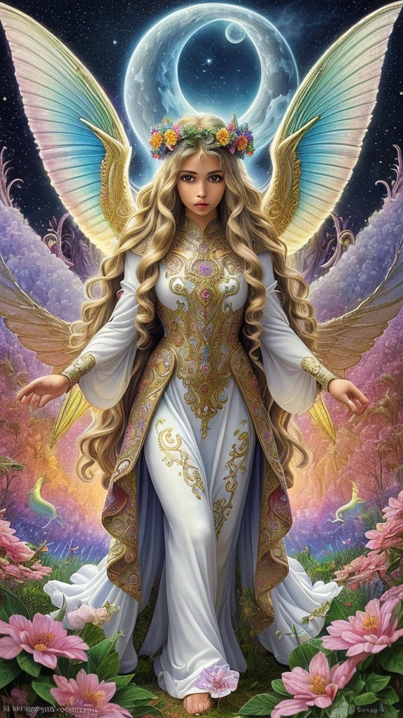 (high quality full body shot:1.2), (best quality:1.2), (masterpiece:1.2), official art, official wallpaper, surreal, beautifulgoddess, (woman:1.1), (long wavy hair:1.1), (flower crown:1.1), (celestial:1.2), (divine:1.2), (mystical creatures:1.1), (floating islands:1.1), (detailed landscape:1.1), (magic in the air:1.1), (stardust:1.1), night sky, (whimsical atmosphere:1.1), (dreamlike world:1.1), (bubbles:1.1), (luna moths:1.1), (moonlight:1.1), enchanted forest, (wisdom:1.1), (powerful energy:1.1), (guardian angels:1.1), (creation:1.2), (peaceful:1.1), vibrant colors, HDR, (detailed:1.05), (extremely detailed:1.06), sharp focus, (intricate:1.03), (extremely intricate:1.04), (epic scenery:1.09), vibrant colors, (beautiful scenery:1.08), (detailed scenery:1.08), (intricate scenery:1.07), (wonderful scenery:1.05), beautiful face, [perfect eyes:0.8], [perfect skin:0.8], [detailed face:0.8], [detailed eyes:0.8], [detailed hair:0.8], [detailed lips:0.8],