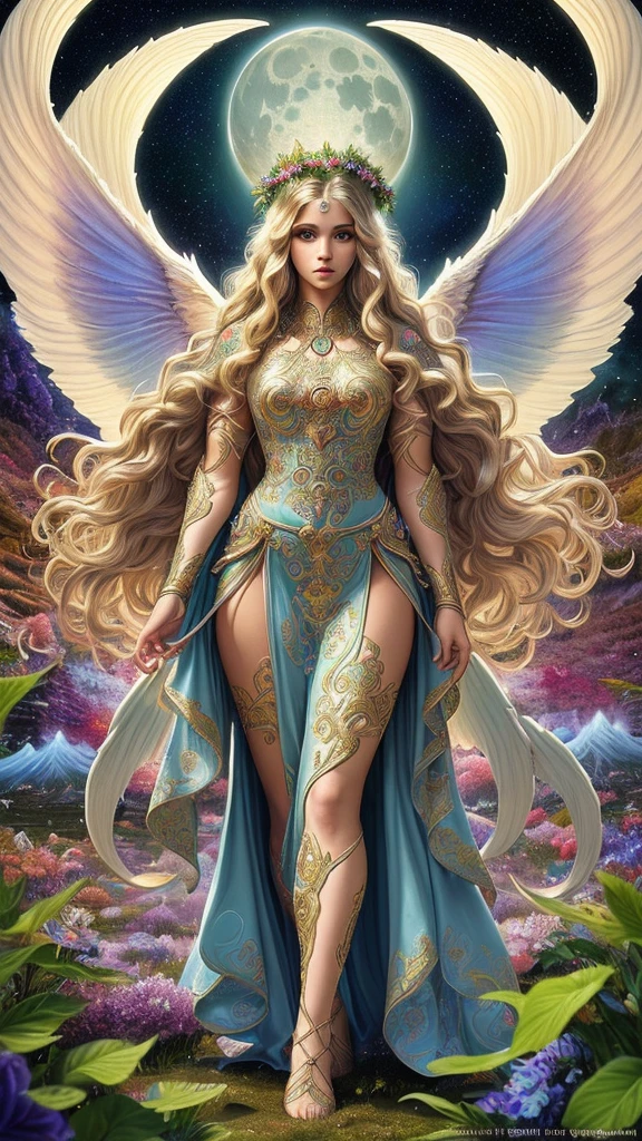 (high quality full body shot:1.2), (best quality:1.2), (masterpiece:1.2), official art, official wallpaper, surreal, beautifulgoddess, (woman:1.1), (long wavy hair:1.1), (flower crown:1.1), (celestial:1.2), (divine:1.2), (mystical creatures:1.1), (floating islands:1.1), (detailed landscape:1.1), (magic in the air:1.1), (stardust:1.1), night sky, (whimsical atmosphere:1.1), (dreamlike world:1.1), (bubbles:1.1), (luna moths:1.1), (moonlight:1.1), enchanted forest, (wisdom:1.1), (powerful energy:1.1), (guardian angels:1.1), (creation:1.2), (peaceful:1.1), vibrant colors, HDR, (detailed:1.05), (extremely detailed:1.06), sharp focus, (intricate:1.03), (extremely intricate:1.04), (epic scenery:1.09), vibrant colors, (beautiful scenery:1.08), (detailed scenery:1.08), (intricate scenery:1.07), (wonderful scenery:1.05), beautiful face, [perfect eyes:0.8], [perfect skin:0.8], [detailed face:0.8], [detailed eyes:0.8], [detailed hair:0.8], [detailed lips:0.8],
