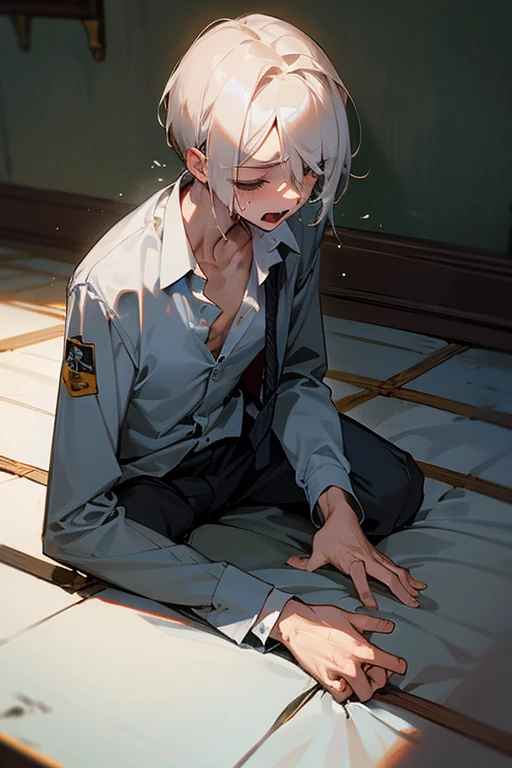 male、Beautiful Boy、solo、Slender、sex appeal、Pleasure、orgasm、Sexual、Cramp、Panting、Open your mouth、Saliva、Weakness、suit、shirt、Bare Skin、Unbuttoned、Disturbed、fatigue、Sweat、Breathtaking、panic、Fall to the floor、Sleeping on the floor、Poor land、Rope restraint、Handcuffs、Hands tied with ropes、Captive、Bondage、Both arms are tied