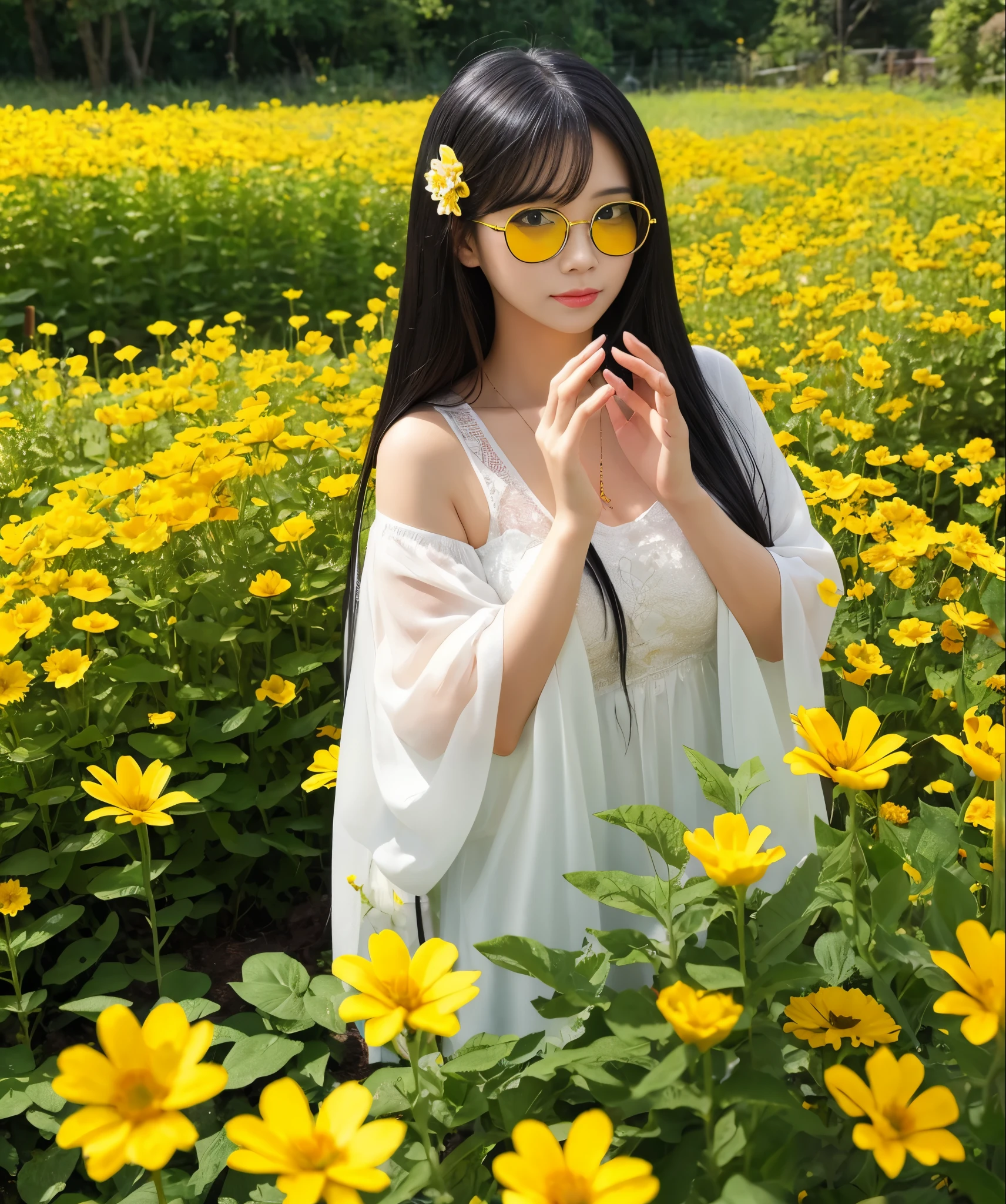 goddess Glasses Yellow flower garden Good luck Feng Shui clear々Shii Feel good Long black hair