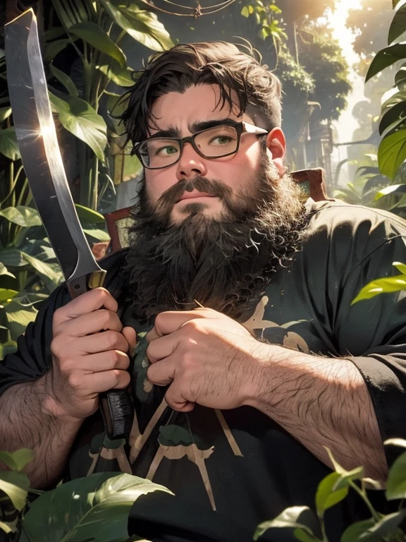 One boy, beard, Glasses, obesity, Solo Expedition, jungle, waterfall, Rocky area, Wet clothes, bag, Finding a way, nature, Strength, A sense of adventure, wild, Intensity of green, fog, Tree trunk, Silence, fresh air, full body