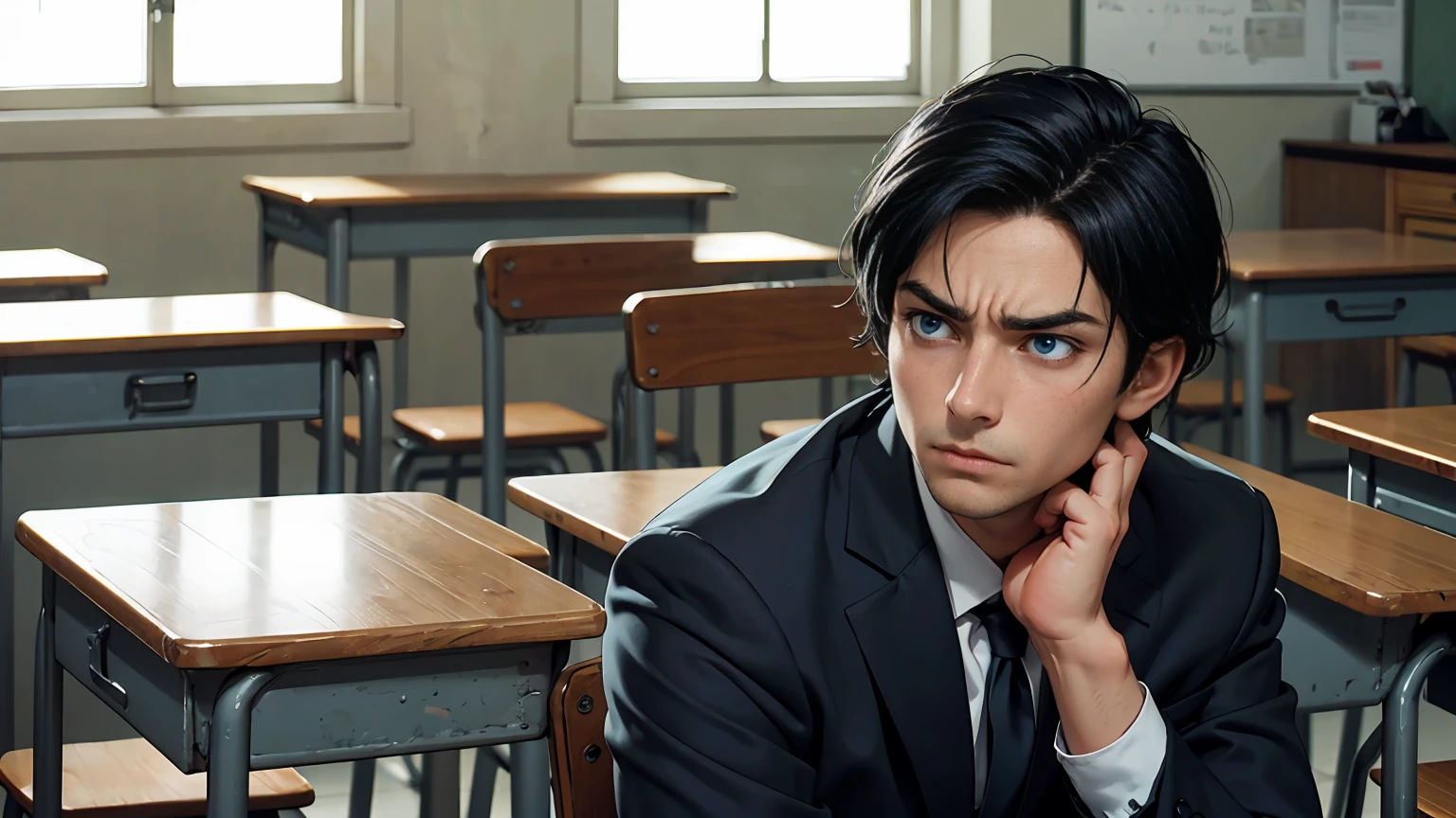 Masterpiece, high quality, best quality, beautiful, HD, realistic, perfect lighting, detailed face, detailed body, 1 man, black hair, blue eyes, masculinity, suit , (dull expression: 1.5) (face natural: 1.5), sitting in the classroom