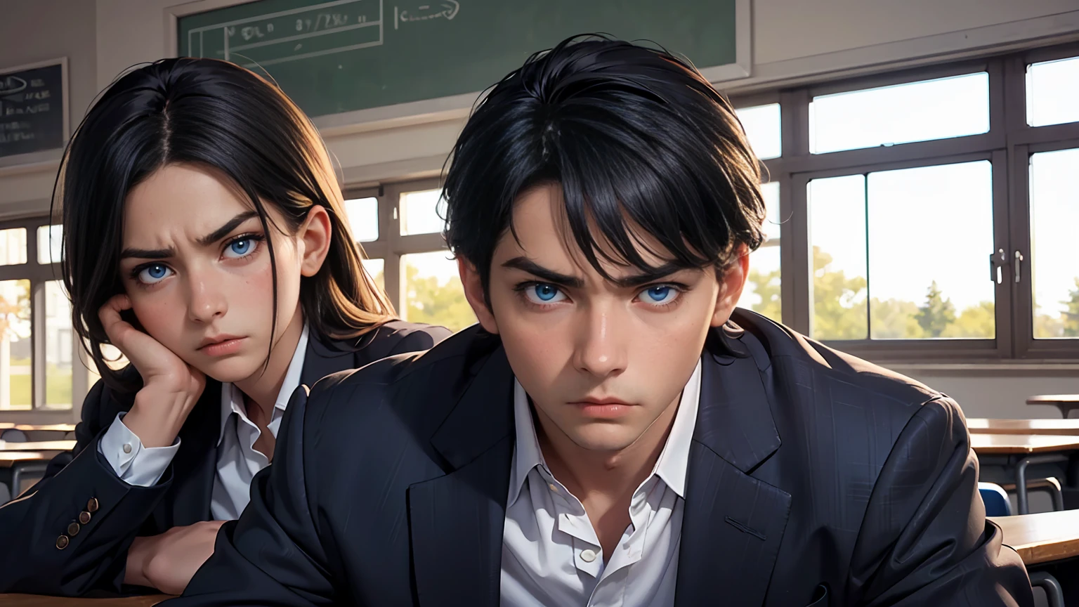 Masterpiece, high quality, best quality, beautiful, HD, realistic, perfect lighting, detailed face, detailed body, 1 girl, black hair, blue eyes, masculinity, suit , (dull expression: 1.5) (face natural: 1.5), sitting in the classroom