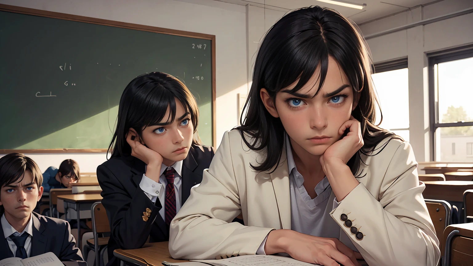 Masterpiece, high quality, best quality, beautiful, HD, realistic, perfect lighting, detailed face, detailed body, 1 girl, black hair, blue eyes, masculinity, suit , (dull expression: 1.5) (face natural: 1.5), sitting in the classroom