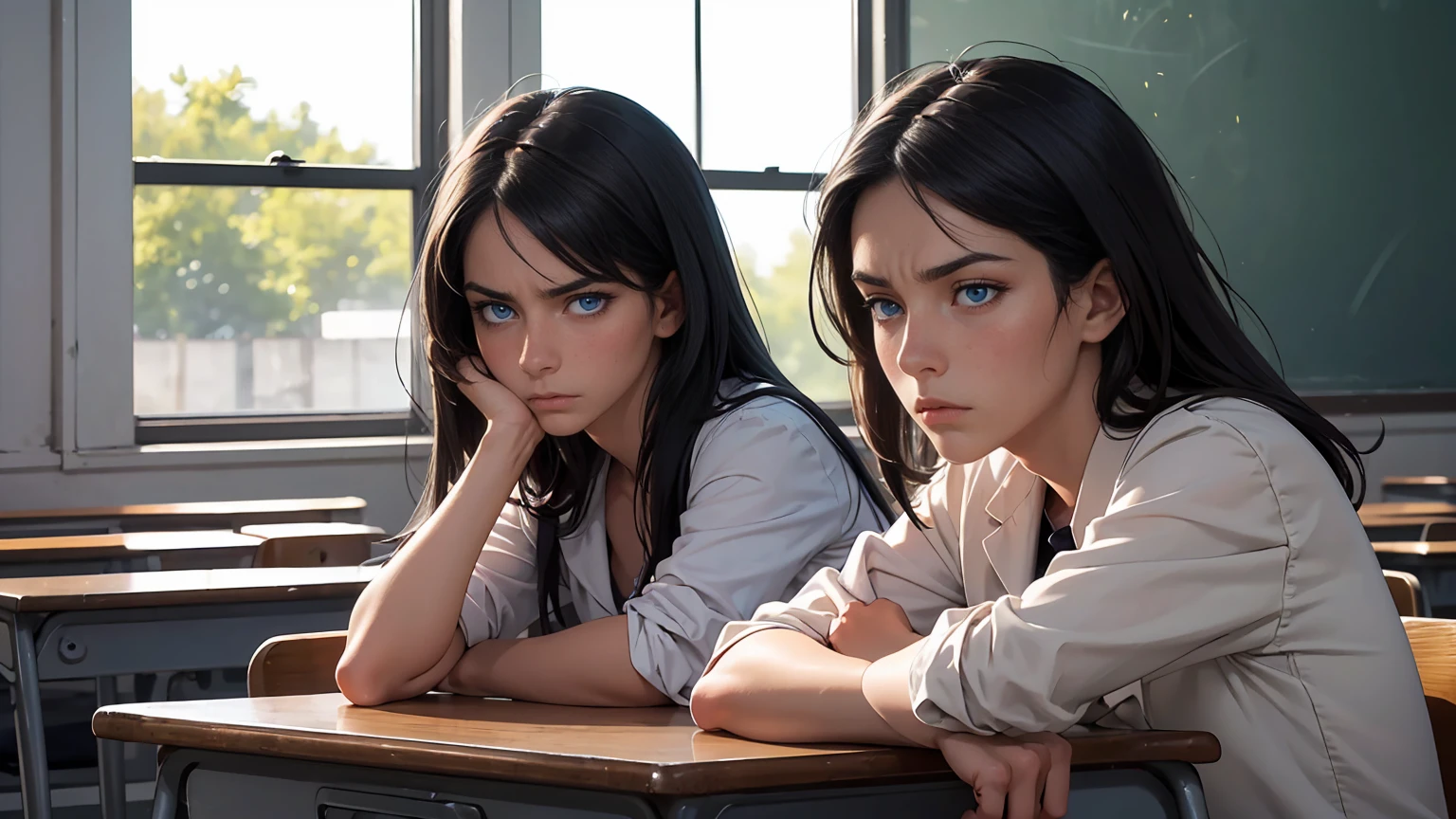 Masterpiece, high quality, best quality, beautiful, HD, realistic, perfect lighting, detailed face, detailed body, 1 girl, black hair, blue eyes, masculinity, suit , (dull expression: 1.5) (face natural: 1.5), sitting in the classroom