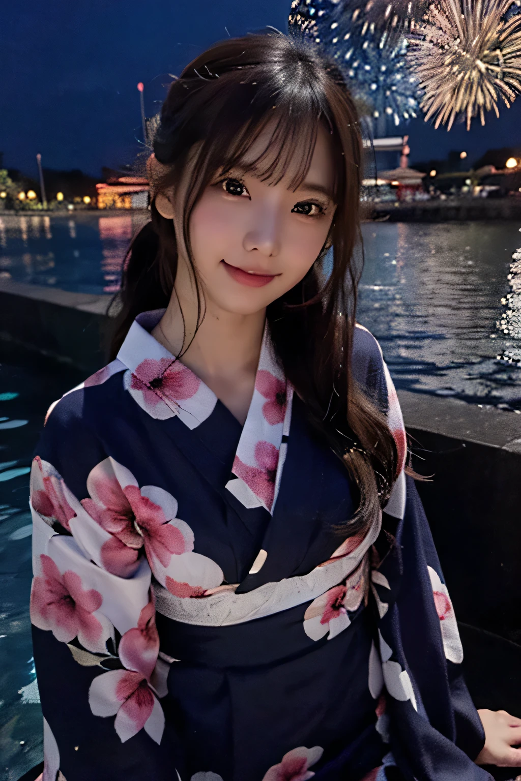 UHD, high quality, best quality, 16k,4K(8K),A girl wearing a yukata watching fireworks at a fireworks festival in Tokyo