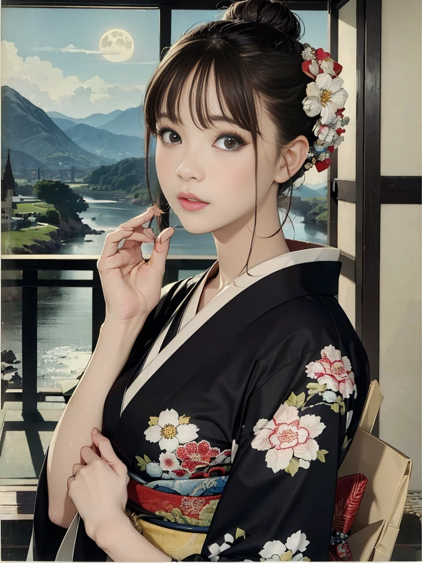 (Highest quality、 8k 、masterpiece、High resolution)、(whole body)、Vibrant colors、Brown-black bob、Traditional topknot、Ample breasts、(Highly detailed face and eyes,Beautiful Face,Beautiful Eyes,Beautiful nose,Pretty lips)、Official Art、Japan painting style、 (Beautiful woman in kimono)、(Vivid floral patterned kimono)、background、river、bridge、Mountain、wood、Starry Sky、moon、Detailed CG、