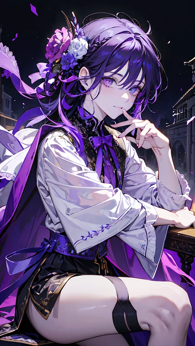 cheerful boy aristocrat open forehead. dark purple hair braided in a ponytail on the left side to one side. sinuous black horns wrapped in dark purple ribbon. pale violet eyes. in short dark purple shorts. long white T-shirt. dark purple knee-high socks. a white long robe with a hood flutters in the wind. black ancient stone walls of the castle purple light from lamps with gold ornaments, heterochromia, long curly hair, pale skin, I look at the viewer, closed mouth, bright smile, Beautiful, extremely detailed eye, Absolutely amazing art, extremely detailed, Digital art of the highest quality, full length, old piano, ancient walls of a stone castle 