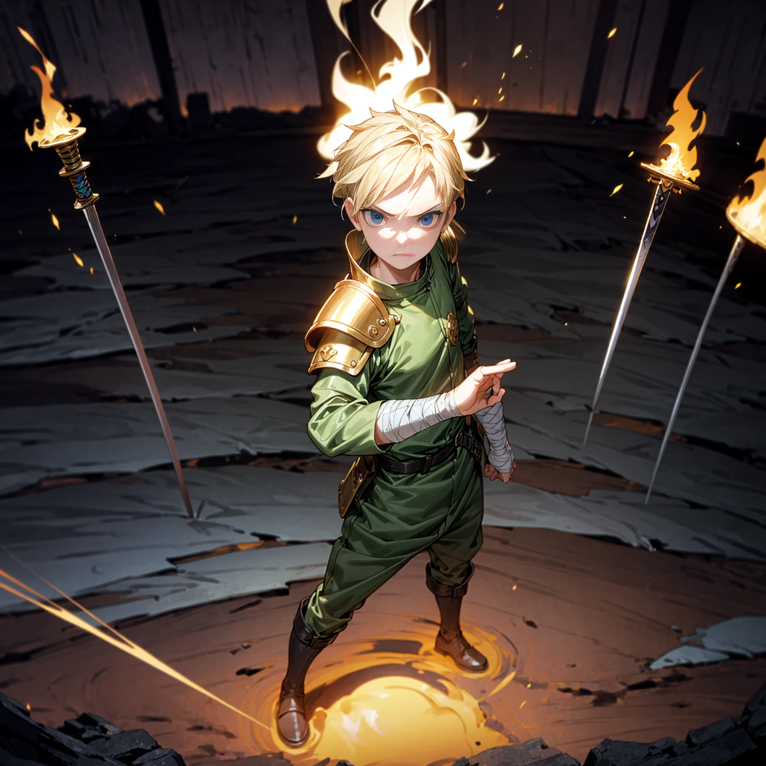 1boy, Full body version, 1character, blue eyes, sad eyes, short haircut, blonde color hair, bandage on head, soldier style outfit, big armors, black Boots, Grassroots, full background indoor building, motion blur, (one piece style art), standing gesture, sword lighting gold in hand, fire effect on sword, smoke effect, fire effect in background, plasma effect, light fire, (high angle view, hd, masterpiece)