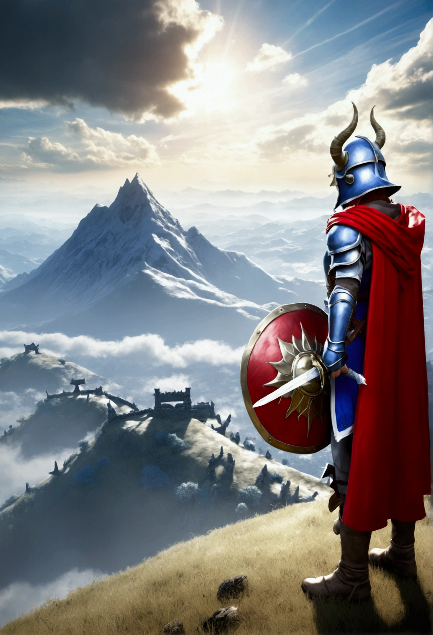 Inspired by the hero of Dragon Quest 1、Heroic character kneeling with sword and shield。The character wears a horned helmet、Red Cape、Blue tunic with armor、And I wear white gloves。In the background is a beautiful cloudy sky and mountains in the distance々You can see。