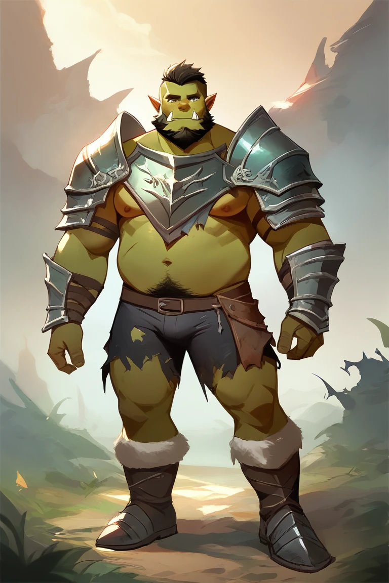 score_9, score_8_up, score_7_up, solo, male focus, chubby male, orc, green skin, tusks, beard, outdoors, damaged micro armor , damaged shoulder armor, breastplate, day, damaged armor boots , (( damaged black micro tight shorts )) , full body 