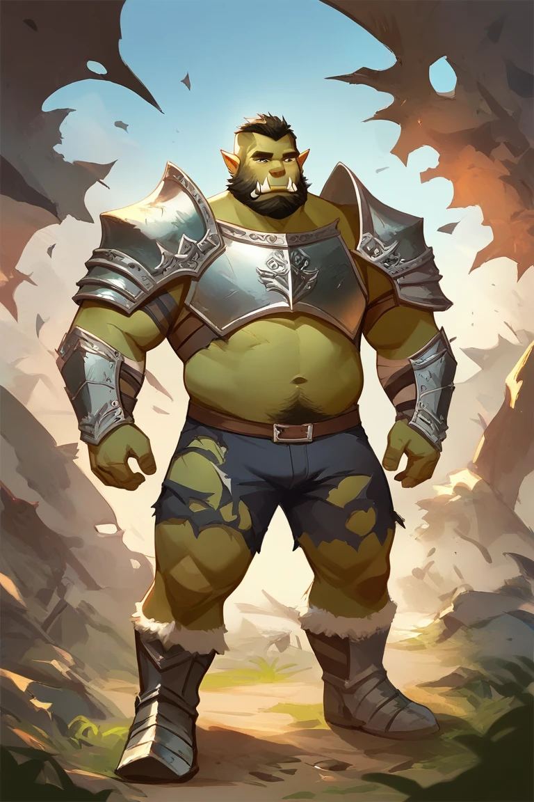 score_9, score_8_up, score_7_up, solo, male focus, chubby male, orc, green skin, tusks, beard, outdoors, damaged micro armor , damaged shoulder armor, breastplate, day, damaged armor boots , (( damaged black micro tight shorts )) , full body