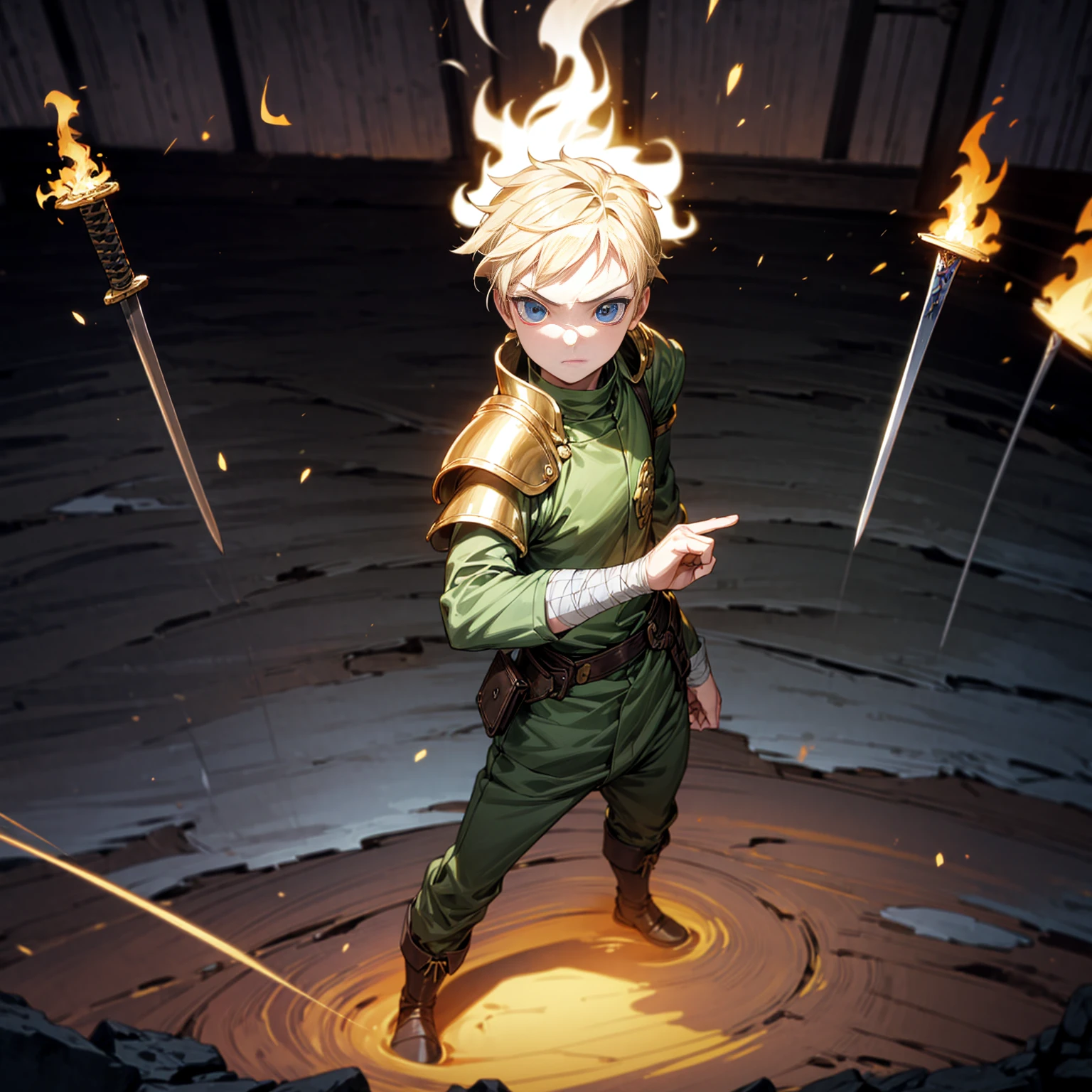 1boy, Full body version, 1character, blue eyes, sad eyes, short haircut, blonde color hair, bandage on head, soldier style outfit, big armors, black Boots, Grassroots, full background indoor building, motion blur, (one piece style art), standing gesture, sword lighting gold in hand, fire effect on sword, smoke effect, fire effect in background, plasma effect, light fire, (high angle view, hd, masterpiece)