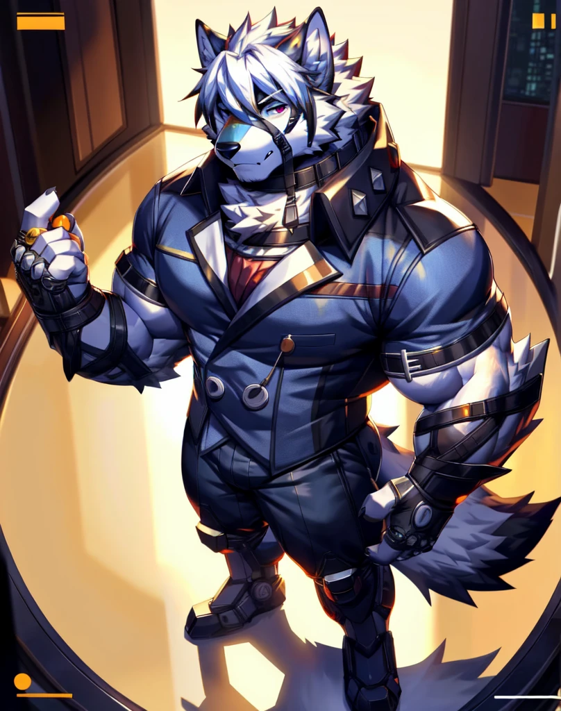 solo, anthro, furry, furry male, wolf, ((fluffy fur, fluffy, furry body)), (wolf print), red eyes, hair tuft, long hair, (light blue body, blue body, lean muscles), wolf tail, ((white hair,)), (white muzzle, white forearms), leg raised, pocket watch, gold pocket watch, pocket watch in hand, face straps, butler uniform, black metal prosthetic legs detailed fluffy fur, detailed face, detailed eyes, smaller arms (full body, round ass, fluffy ass,), cyberpunk, valorant,(by DRKS, by raccoon21, by Sollyz, by null-ghost, masterpiece, high quality,hi res,8k hd), close-view portrait, looking at viewer, indoors, fancy manor, fancy tea party cute face, standing next to table, serious expression, camera view angled from above, heavy shadows, athletic build, full body,
