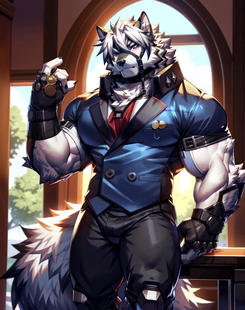 solo, anthro, furry, furry male, wolf, ((fluffy fur, fluffy, furry body)), (wolf print), red eyes, hair tuft, long hair, (light blue body, blue body, lean muscles), wolf tail, ((white hair,)), (white muzzle, white forearms), leg raised, pocket watch, gold pocket watch, pocket watch in hand, face straps, butler uniform, black metal prosthetic legs detailed fluffy fur, detailed face, detailed eyes, smaller arms (full body, round ass, fluffy ass,), cyberpunk, valorant,(by DRKS, by raccoon21, by Sollyz, by null-ghost, masterpiece, high quality,hi res,8k hd), close-view portrait, looking at viewer, indoors, fancy manor, fancy tea party cute face, standing next to table, serious expression, camera view angled from above, heavy shadows, athletic build, full body,