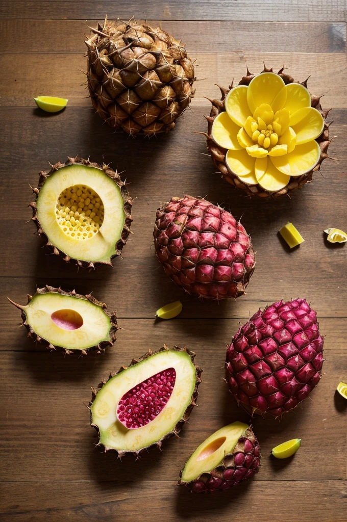 make me a realistic background with these Peruvian ingredientsFlor de cane rum . Piña, Peruvian mantle, Peruvian prickly pear and Peruvian Lucuma. I want them to be seen on a table from a top view photo. I want the fruits as they are and whole.
