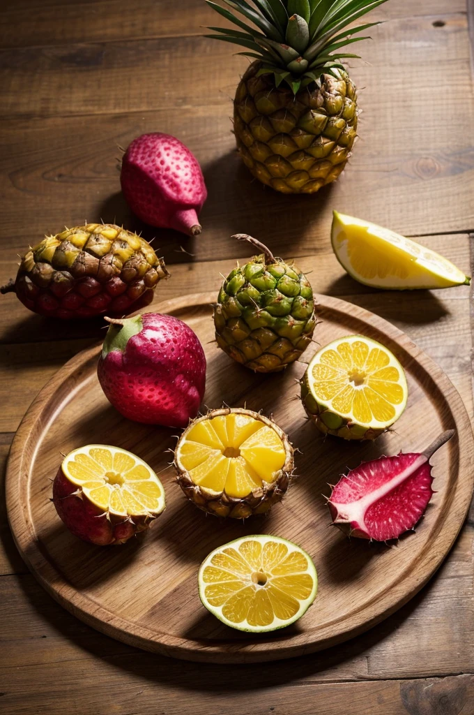 make me a realistic background with these Peruvian ingredientsFlor de cane rum . Piña, Peruvian mantle, Peruvian prickly pear and Peruvian Lucuma. I want them to be seen on a table from a top view photo. I want the fruits as they are and whole.