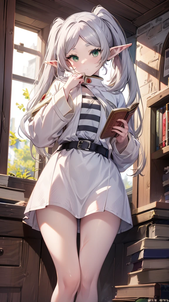 8k, high quality, High resolution, realist, Attention to details, Very detailed face, ((masterpiece)),
((freeze base)), beautiful girl, (flat body), to combine, pointy ears, gray hair, (long twin tails), green eyes, personal,
White coatlet, striped shirt, White skirt, long sleeve, belt,  White coat, magic, magic circle, (Ruins in poor condition), medieval village, Attractive Pose,Hold the spellbook and cast magic、thighs、barefoot、pants、underwear、half naked