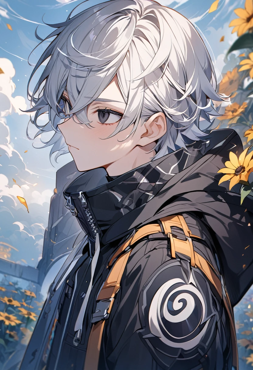 anime boy, {best quality}, {{masterpiece}}, {highres}, extremely detailed boy, solo, sharp focus, {{cinematiclighting}}, {{{character{{{1 boy}}}}}}, solo, puffy black hoodie, loose high-neck, turtle-neck, ziper from the neck to the chest, black cargo pants with white details, standing 1/3 view, bored neutral face, closed mouth, beautiful detailed eyes, heterochromia, {white eye} on left, black eye on right, jewel-like eyes, {{{{{{{{empty eyes}}}}}}}, {{{{{sharp focus}}}}}, {{{{{masterpiece illustration}}}}}, {{{{medium shot}}}}, shiny hair, {{{{{{{{{{{{{very short hair}}}}}}}}}}}}}, {{{{{{{{{two-tone hair}}}}}}}}}, white hair: 50 right, blackhair: 50 left, hair between eyes, yin and yang, genshin impact, {{{{{{cloudy}}}}}}, Black-eyed Susan flower field, {{cloud}}, camera angle from the side, sideway camera angle, anime boy, man, male
