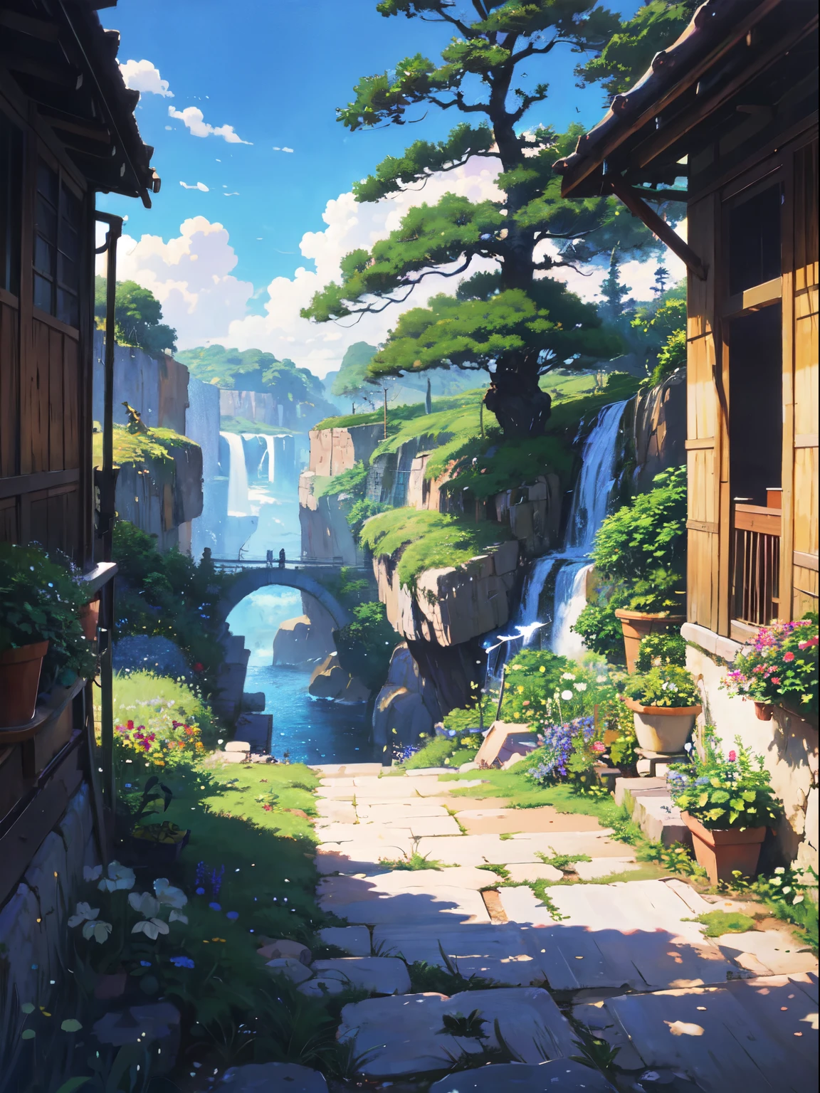 Practical, for real, Beautiful and stunning landscape oil painting Hayao Miyazaki Studio Ghibli'Petal grassland with blue sky and white clouds--v6
