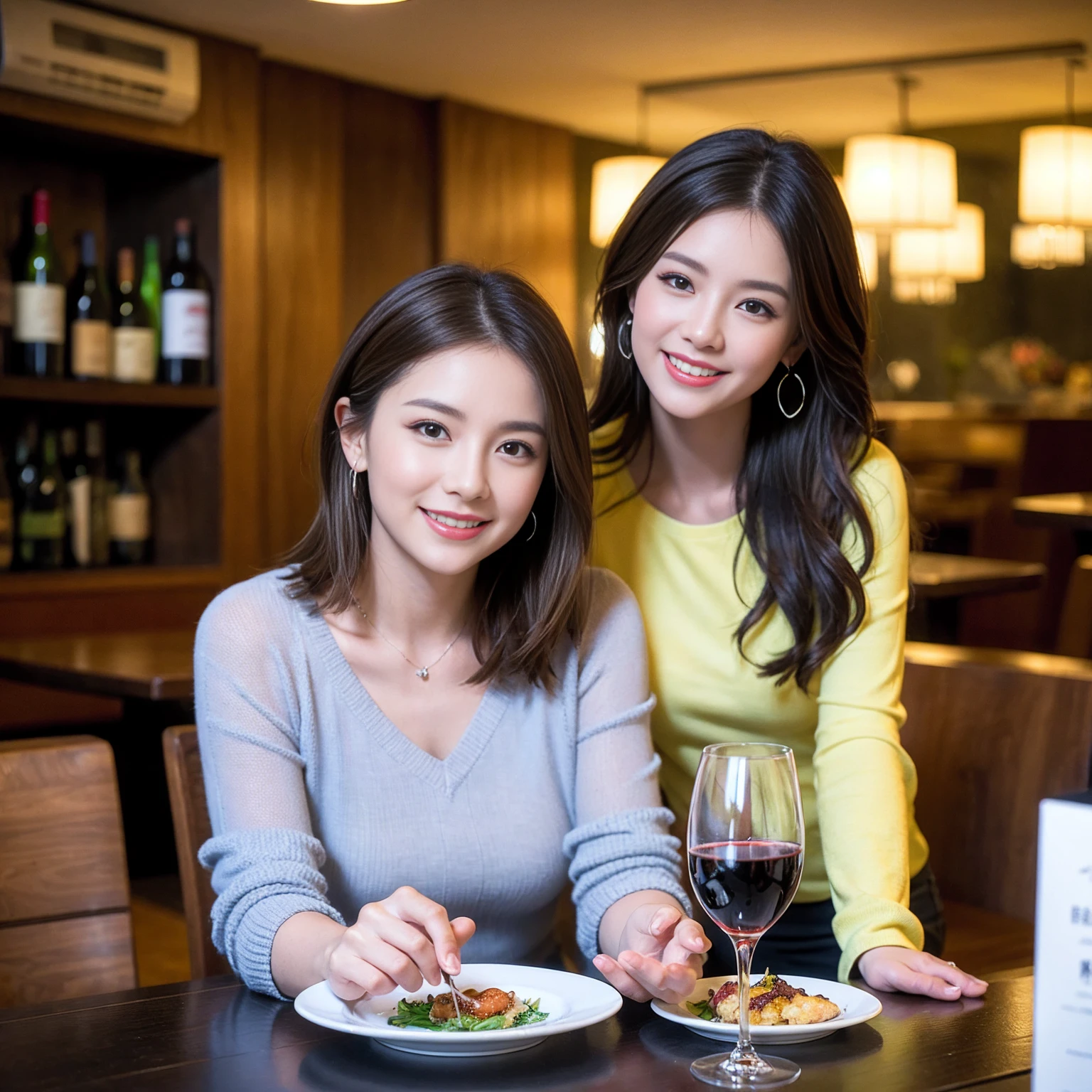 ((Highest quality、8k、masterpiece:1.3))、slimカップル、modelカップル、(Realistic, Intricate details:1.2), full-course dinner、Wine Party、Amazing view of the sunset sky and clouds、A bright smile、The wonderfulness of smile、Bright image、The beauty of wine, Beautiful Face, blue eyes, The light shines on your face, blush, short hair,Bright Face、 (Age 37), 39 years old, red wine 、Appetizers、Italian food、Wine bottle、Champagne、sparkling wine、Two beauties、Brown Hair、Shortcuts、Long sleeve shirt、dress、Beautiful woman 1, (slimな顔), (The body is slim), (Brown Hair), (Shortcuts), cheeks turn a little red,Attractive beauty、restaurant, In a prominent place (From the waist up) Nova Frog Style, actress, model, Upper Body, White wine, slim, wine glass, 中央に置かれたwine glass, smile, (smile: 1.15), Beautiful fine grain, Depth f/2,saturation, High Contrast, Strong light and shadow,Moist Body:1.5、3D texture、Delicate eyes、Brown Hair、The hair is very shiny、