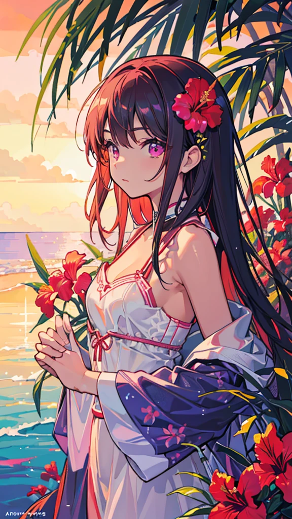 Hibiscus themed artwork, ((Highest quality)), High resolution, 8k, Cinematic Light, High Contrast, Written boundary depth、Tropical、Healthy tanned skin、beautiful, Strong brilliance, Detailed Background, One Girl, cute, fine grain, Shining Eyes, Detailed Iris、
