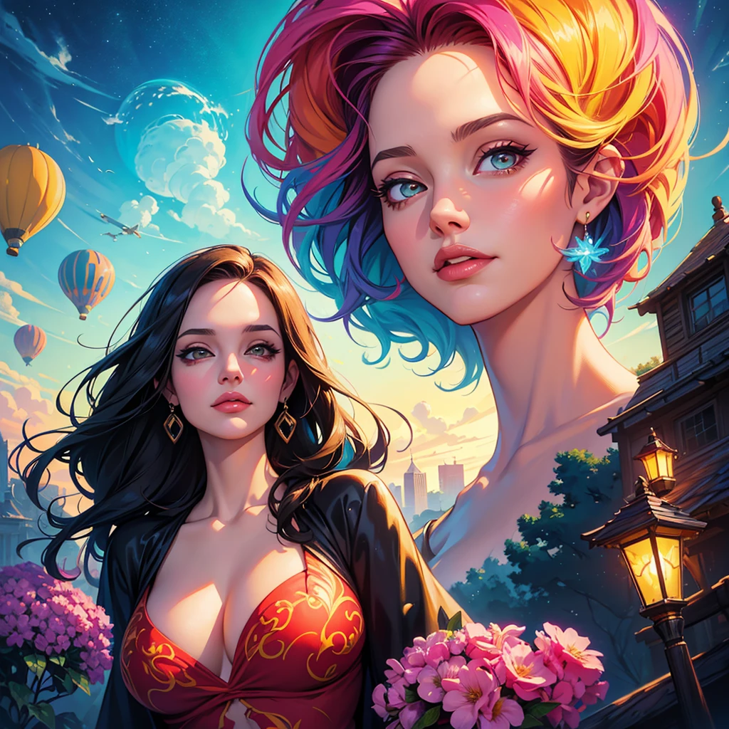 a painting of gigantic woman's head with face of Winona Ryder morphed with Angelina Jolie with colorful hair in a shape of tree and lianas, a neck growing out of the ground, dalightful smile, a city skyline, hot air balloons, flying bulbs and plant trees in the air, beeple and jeremiah ketner, dan mumford tom bagshaw, colorfull digital fantasy art, inspired by Cyril Rolando, inspiring digital art, colorful digital painting, paint splashes, paint driping, gorgeous digital art, beautiful art uhd 4 k, stunning digital illustration, vibrant digital painting, stylized digital art