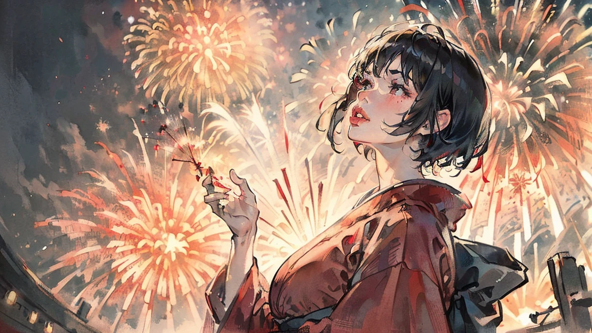 (((beautiful girl))), (((red cheek))),(((Pixie Cut))) ,(((shoot from below))),(((from side))),(((Gazing Skyward))),(((night))),(((Huge fireworks))), (Lips are red:1.5),20-year-old, Watercolor, masterpiece, Highest quality, Very delicate and beautiful girl,Very delicate and beautiful, world masterpiece theater, Super detailed, Very detailedな, Highest quality,(((fancy red kimono)))。 (((Black Hair))), (((Black Hair))), (((Black Hair))), (((Upper Body))), (((Upper Body))), (((Upper Body))), (((Upper Body))), (((Upper Body))), (((Upper Body))), High resolution, Very detailed,5 girls, Highest quality, figure, masterpiece, Highest quality, Accuracy, A woman in her twenties from the late Edo period, He has a modern anime-like face.