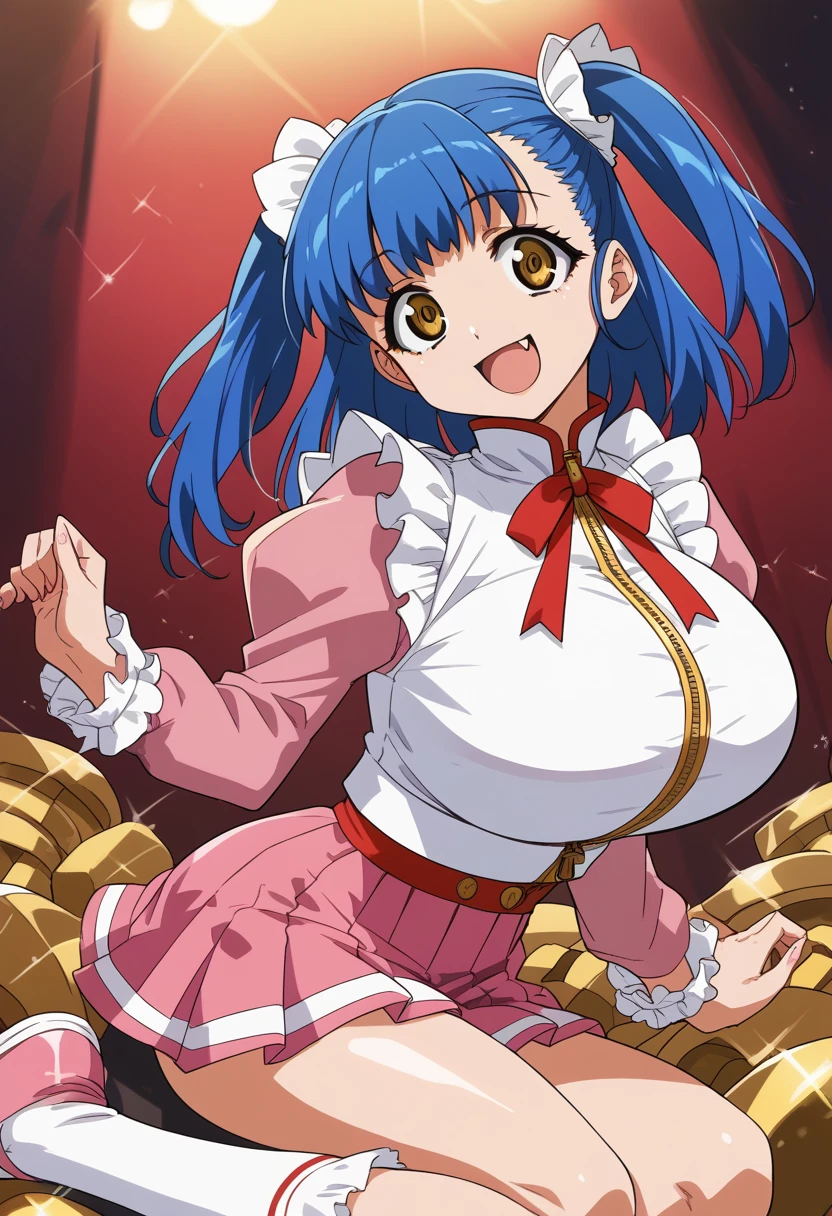 (Tuile(gravion),huge breasts,blue hair,yerrow eyes,twintail,two side up),(white jacket,white frill,red ribbon,red waist ribbon,gold zipper,gold bottun,pink mini skirt,Pink sleeves,Pink Shoes、white frill wrist,White socks),smile,open mouth,fang