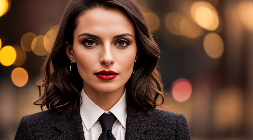 dark and gloomy, 8k, closeup photo of a 30-year-old brunette Brazilian businesswoman dark background at night, (realistic dark brown hair straight and with light waves) , makeup, red lips, brown eyes, (wearing black chanel tailoring blazer, black silk blouse and black straight tailoring pants), looking confidently, hyper realistic, {a girl with extremely beautiful olive skin}, (highly detailed skin: 1.2) {{{masterpiece}}}, realistic texture, dynamic composition, Fujifilm XT2, 85mm F1.2, shutter speed 1/80, (bokeh), high contrast
