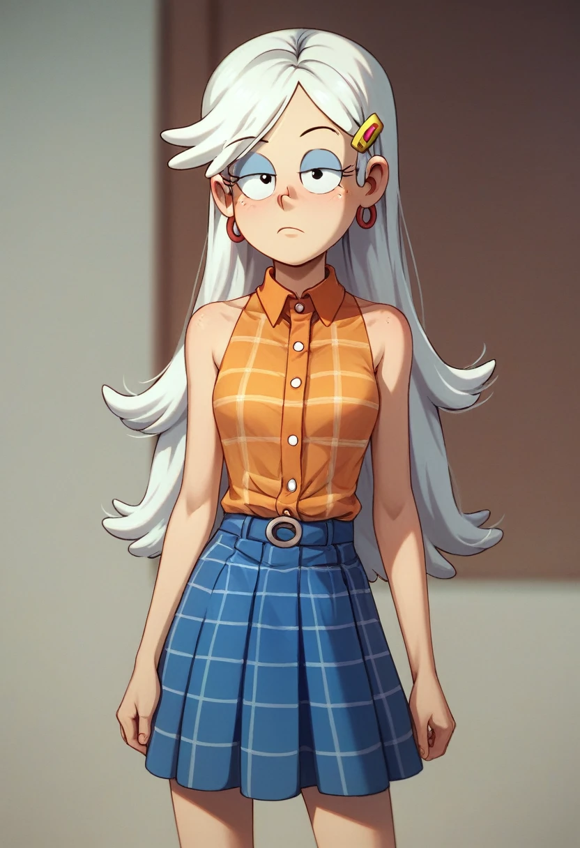 Lincoln Loud from The Loud House, white hair, long hair, orange hairclip, orange button shirt, bare shoulders, blue plaid skirt, 3d, Linka Loud