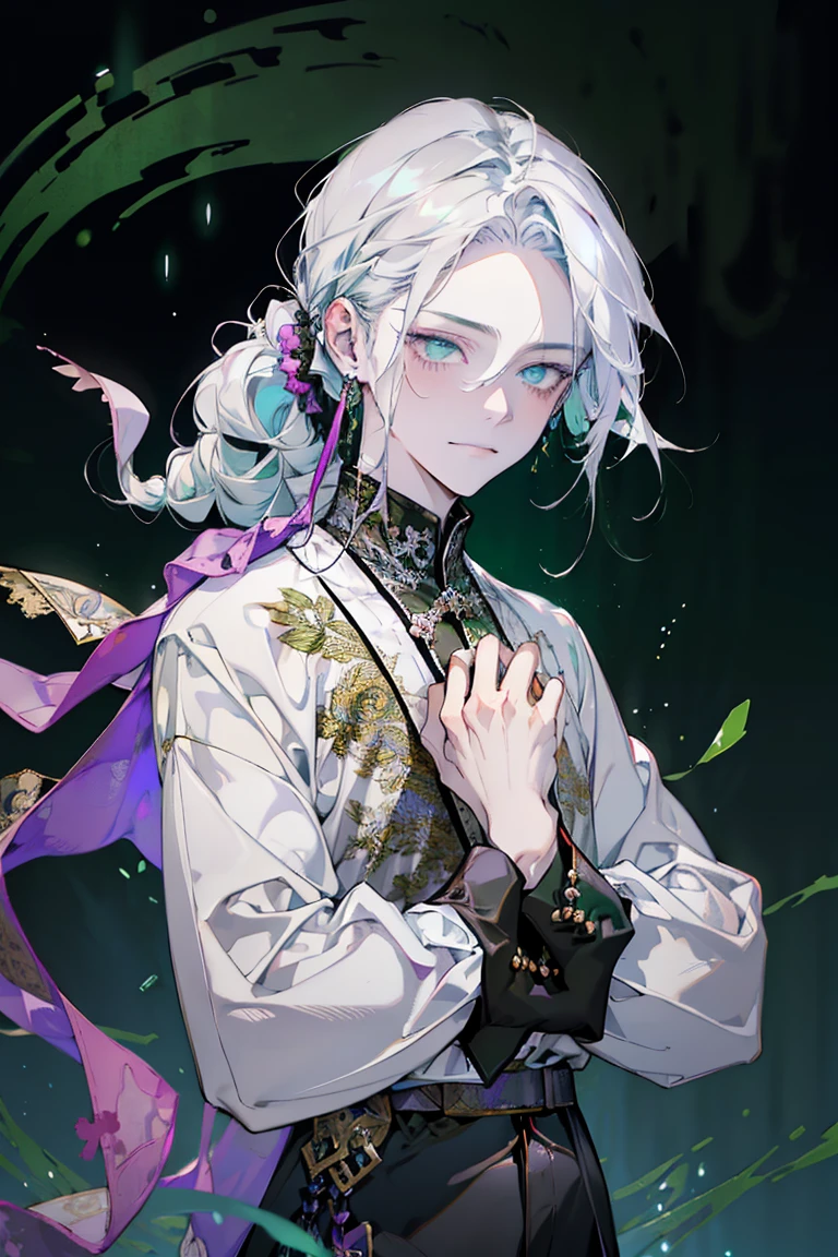 cheerful boy aristocrat open forehead. dark green hair braided in a ponytail on the left side to one side. sinuous black horns wrapped in dark green ribbon. pale green eyes. in short dark green shorts. long white T-shirt. dark green knee-high socks. a white long robe with a hood flutters in the wind. black ancient stone walls of the castle purple light from lamps with gold ornaments, heterochromia, long curly hair, pale skin, I look at the viewer, closed mouth, bright smile, Beautiful, extremely detailed eye, Absolutely amazing art, extremely detailed, Digital art of the highest quality, full length, old piano, ancient walls of a stone castle