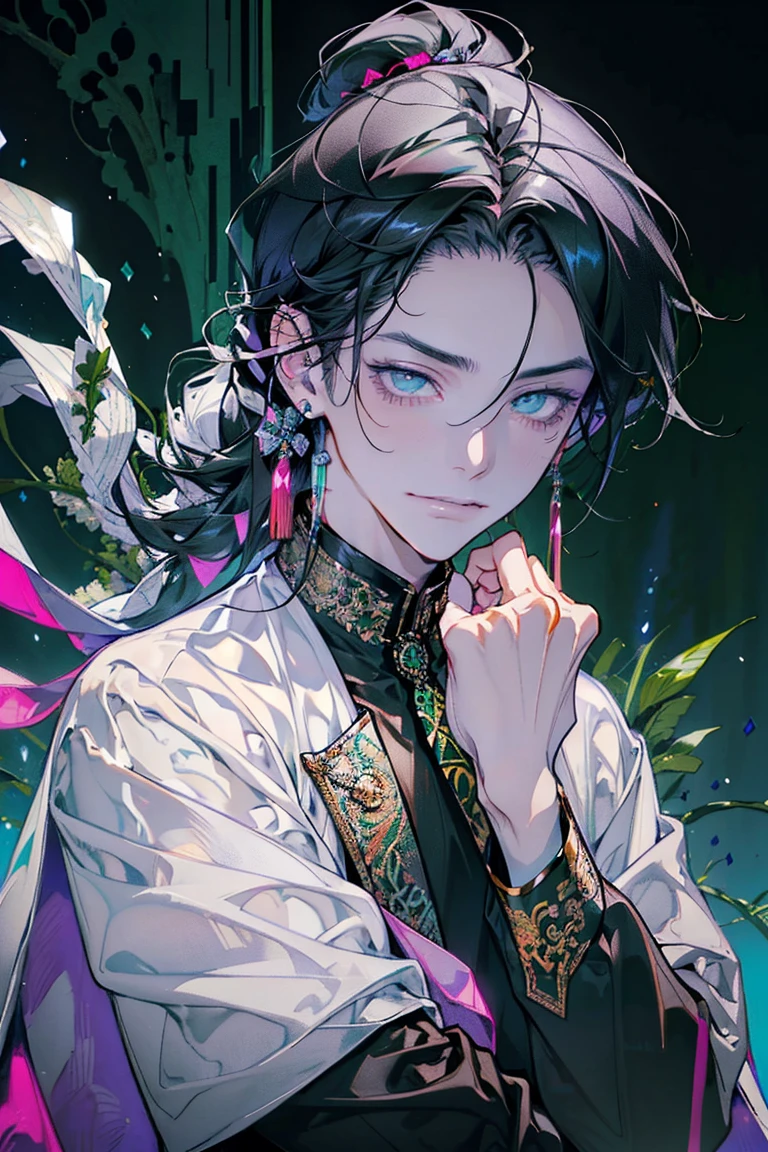 cheerful boy aristocrat open forehead. dark green hair braided in a ponytail on the left side to one side. sinuous black horns wrapped in dark green ribbon. pale green eyes. in short dark green shorts. long white T-shirt. dark green knee-high socks. a white long robe with a hood flutters in the wind. black ancient stone walls of the castle purple light from lamps with gold ornaments, heterochromia, long curly hair, pale skin, I look at the viewer, closed mouth, bright smile, Beautiful, extremely detailed eye, Absolutely amazing art, extremely detailed, Digital art of the highest quality, full length, old piano, ancient walls of a stone castle 