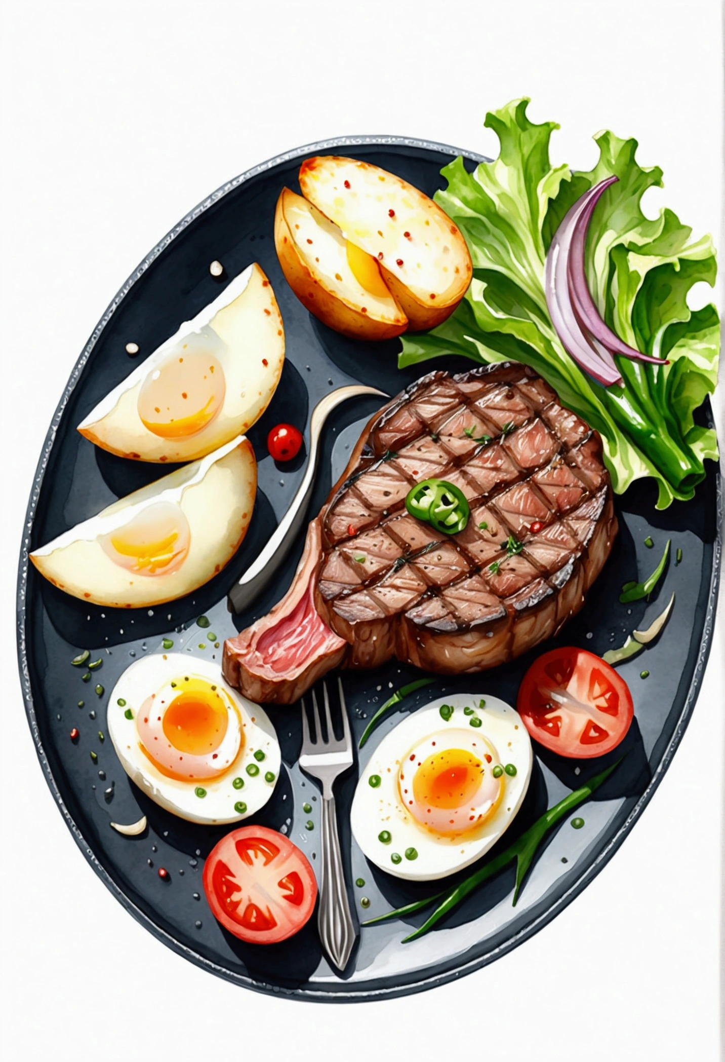 Delicious steak and sliced potatoes、Halved boiled egg Green lettuce Green pepper．Knife and Hawk．々Served on a black plate。, shape, Isolated on a white background, Surrounded by negative space, Centering Settings, 8k, The most detailed painting, Very detailed picture, isolated, Crisp, vivid white background, viewing angle, Manga Style, ((watercolor)),