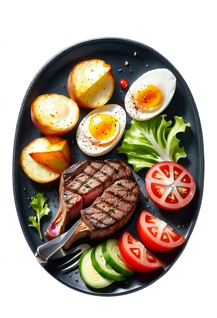 Delicious steak and sliced potatoes、Halved boiled egg Green lettuce Green pepper．Knife and Hawk．々Served on a black plate。, shape, Isolated on a white background, Surrounded by negative space, Centering Settings, 8k, The most detailed painting, Very detailed picture, isolated, Crisp, vivid white background, viewing angle, Manga Style, ((watercolor)),